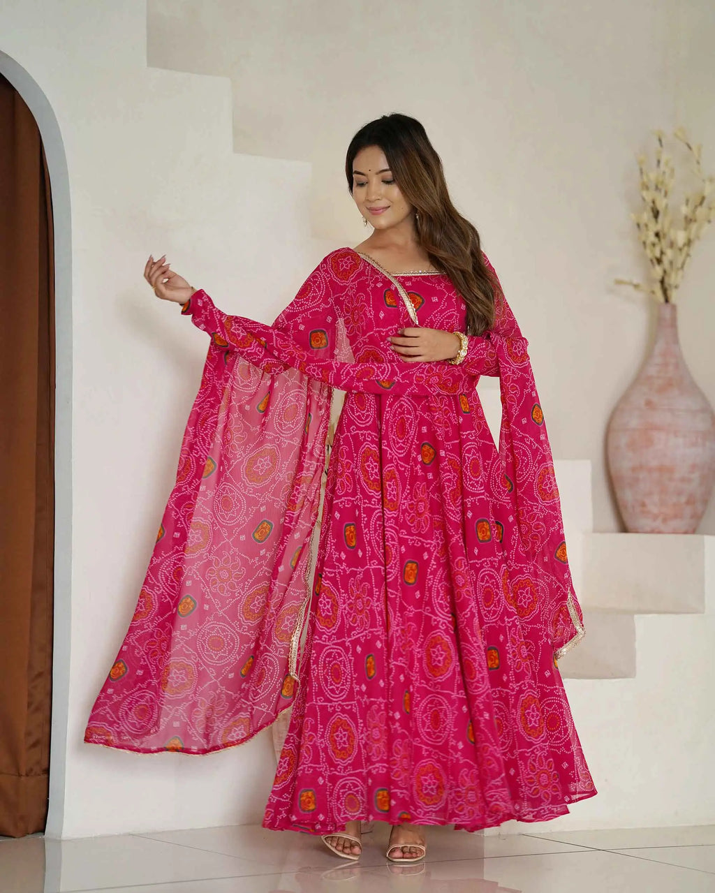 Pink Soft Light Weight Chiffon Bandhej Print Gown With Dupatta