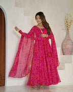 Pink Soft Light Weight Chiffon Bandhej Print Gown With Dupatta