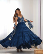 Teal Blue Georgette Empire Flair Gown With Heavy Embroidery Work Dupatta