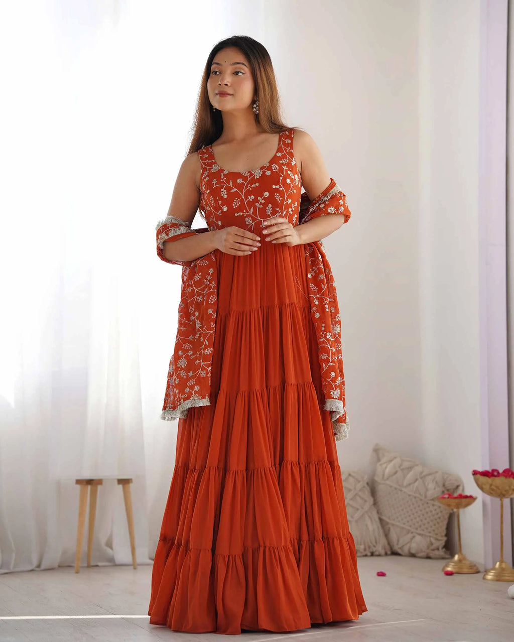 Rust Orange Georgette Empire Flair Gown With Heavy Embroidery Work Dupatta