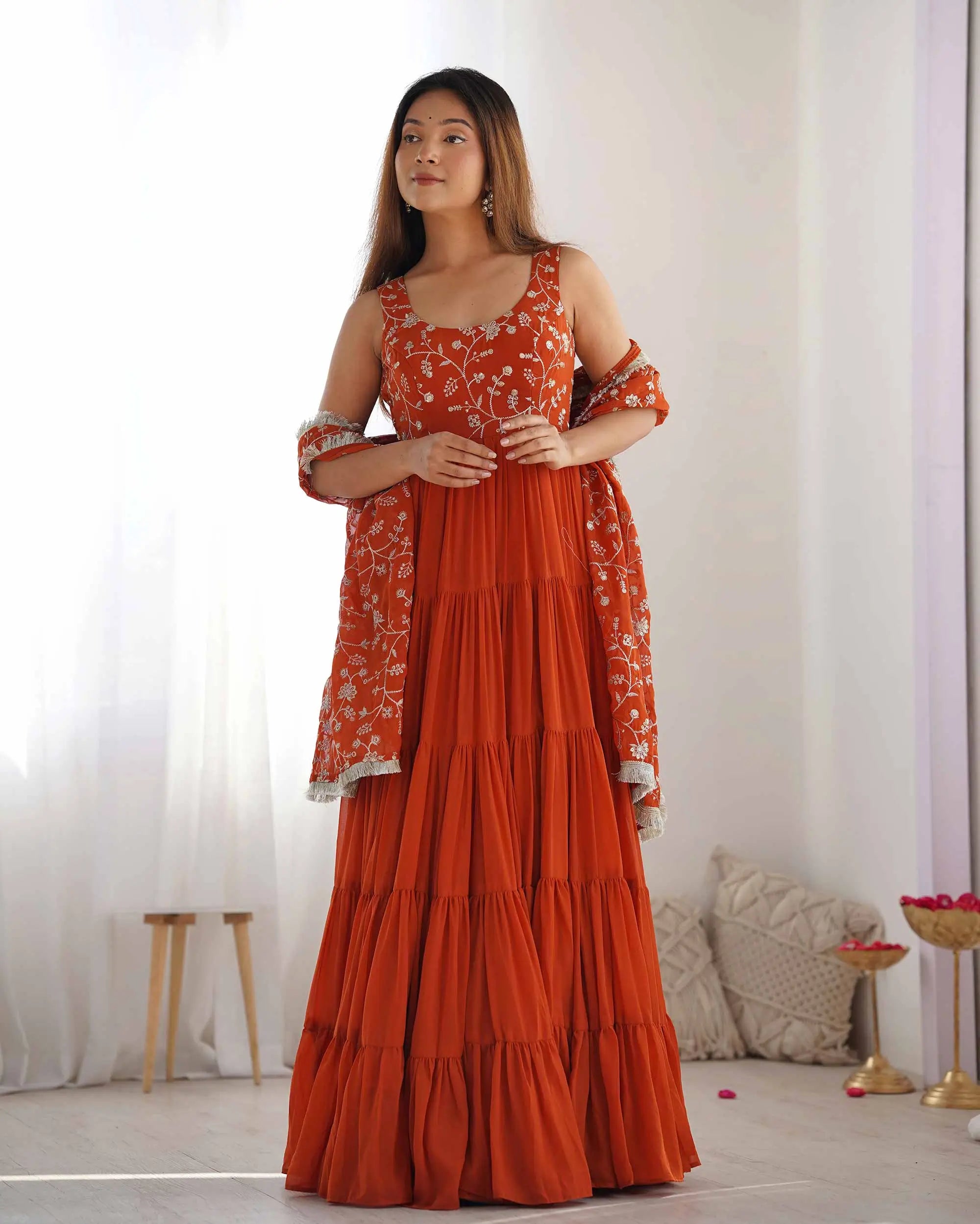 Rust Orange Georgette Empire Flair Gown With Heavy Embroidery Work Dupatta