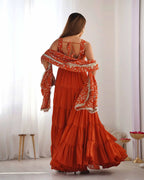 Rust Orange Georgette Empire Flair Gown With Heavy Embroidery Work Dupatta