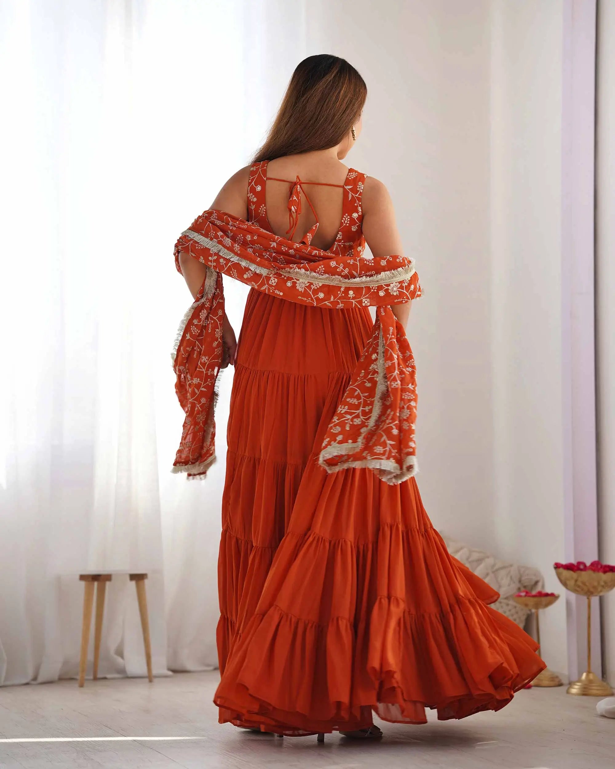 Rust Orange Georgette Empire Flair Gown With Heavy Embroidery Work Dupatta