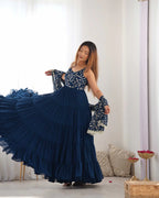 Teal Blue Georgette Empire Flair Gown With Heavy Embroidery Work Dupatta