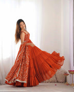 Rust Orange Georgette Empire Flair Gown With Heavy Embroidery Work Dupatta