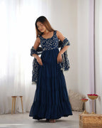 Teal Blue Georgette Empire Flair Gown With Heavy Embroidery Work Dupatta