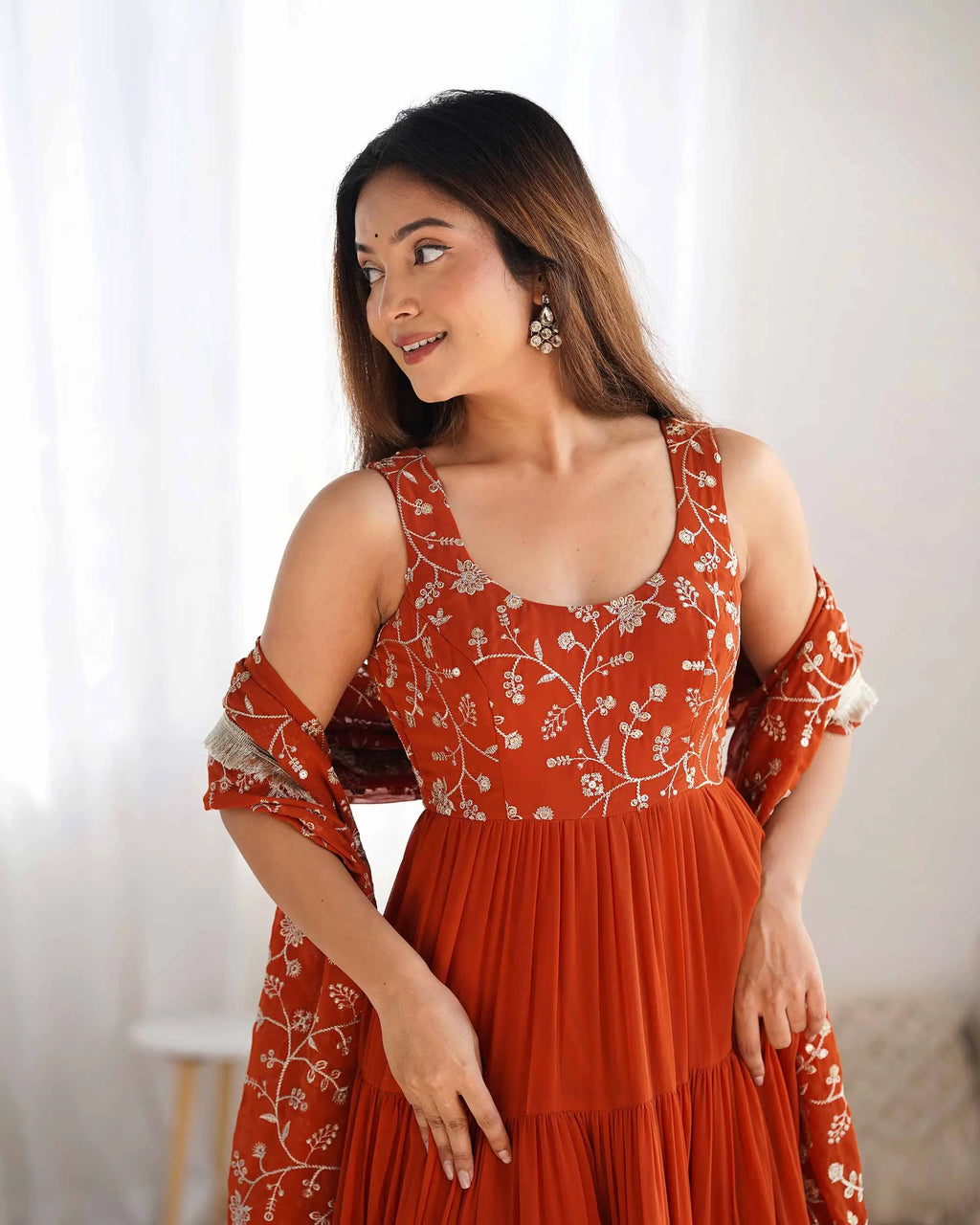 Rust Orange Georgette Empire Flair Gown With Heavy Embroidery Work Dupatta
