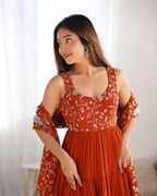 Rust Orange Georgette Empire Flair Gown With Heavy Embroidery Work Dupatta