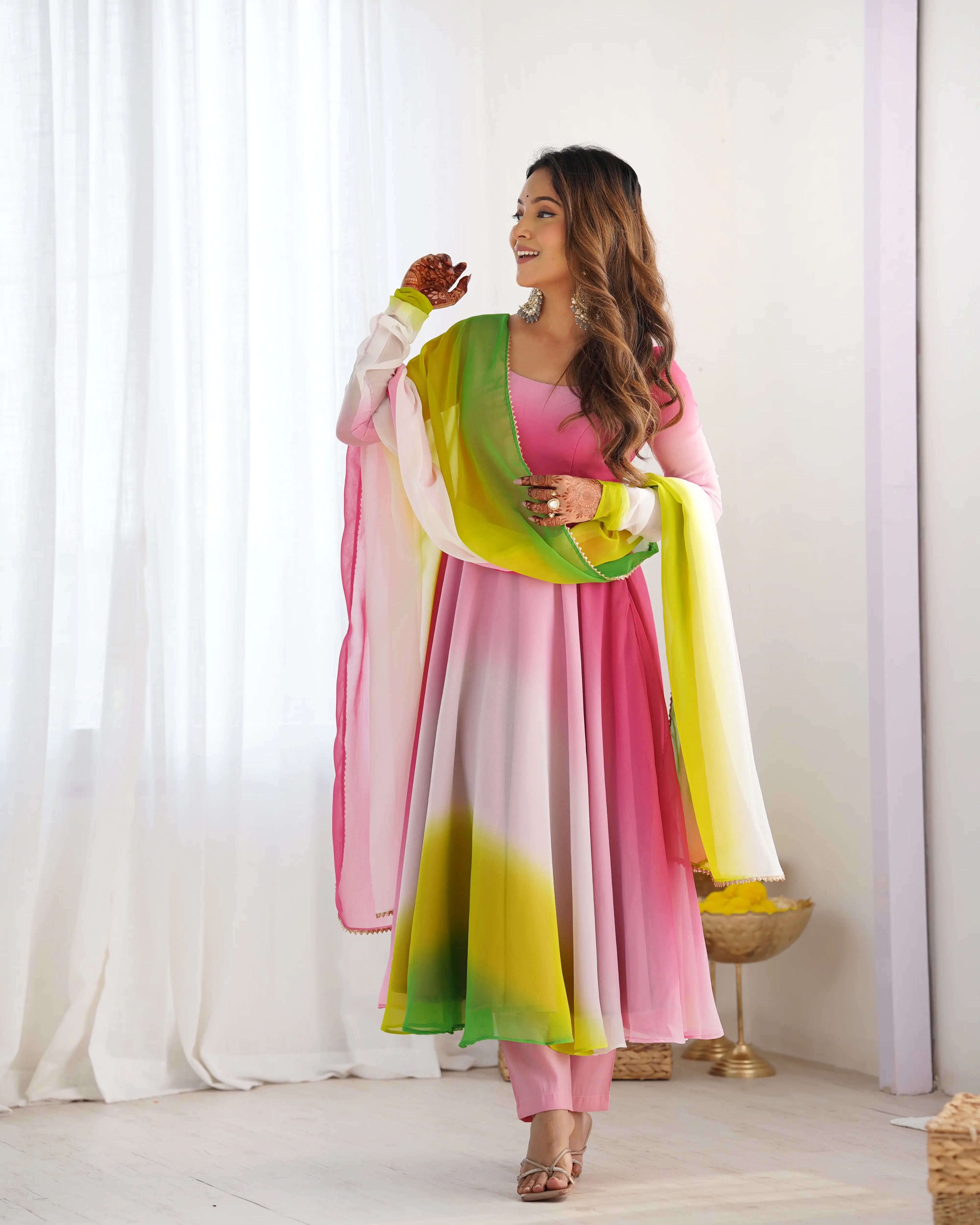 Multi Color With Colorful Padding Plain Georgette Gown With Dupatta