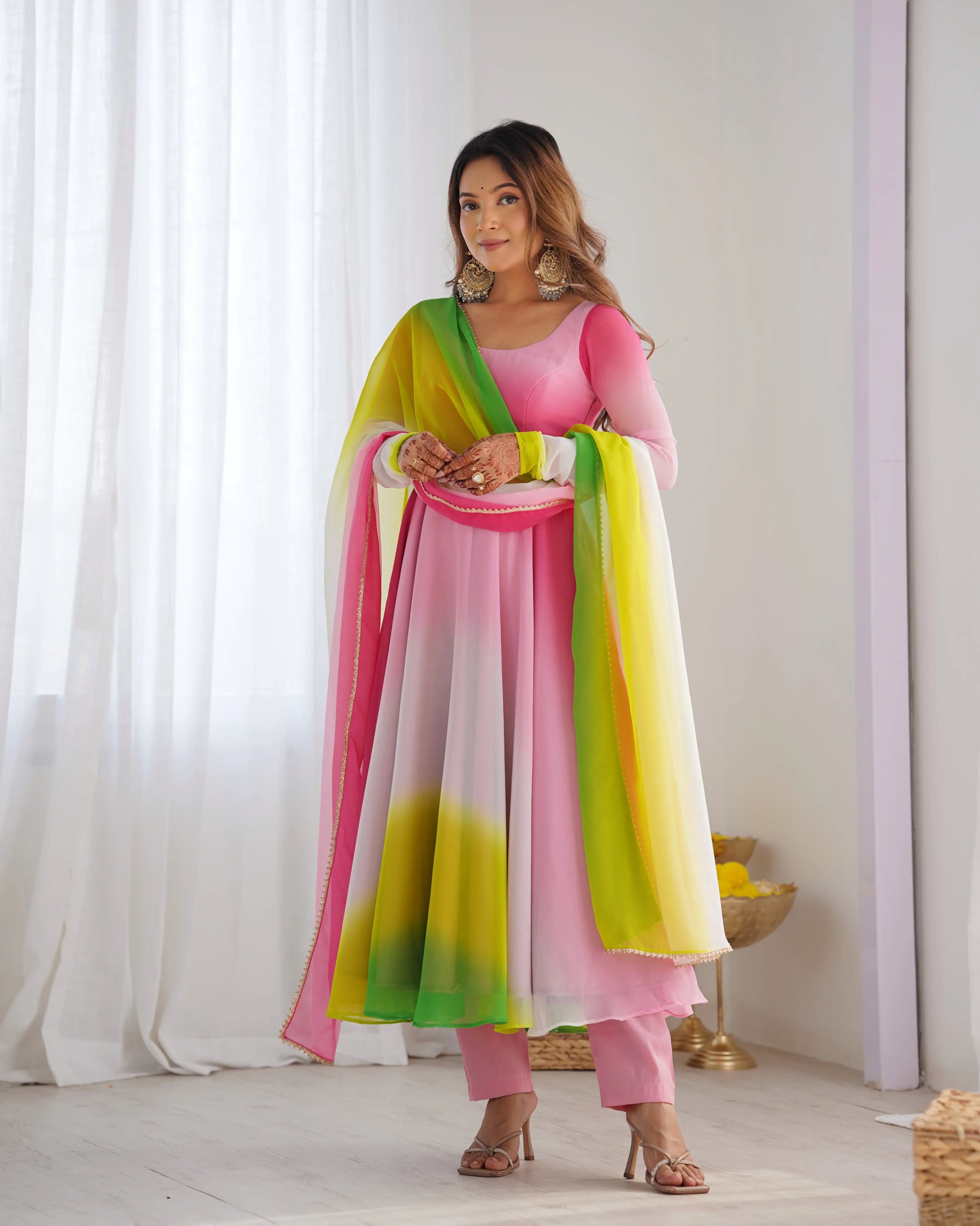 Multi Color With Colorful Padding Plain Georgette Gown With Dupatta