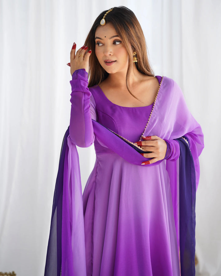 Purple With Colorful Padding Plain Georgette Gown With Dupatta - qivii