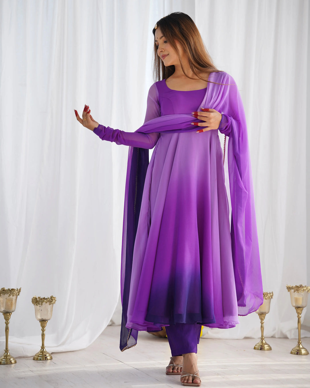 Purple With Colorful Padding Plain Georgette Gown With Dupatta - qivii