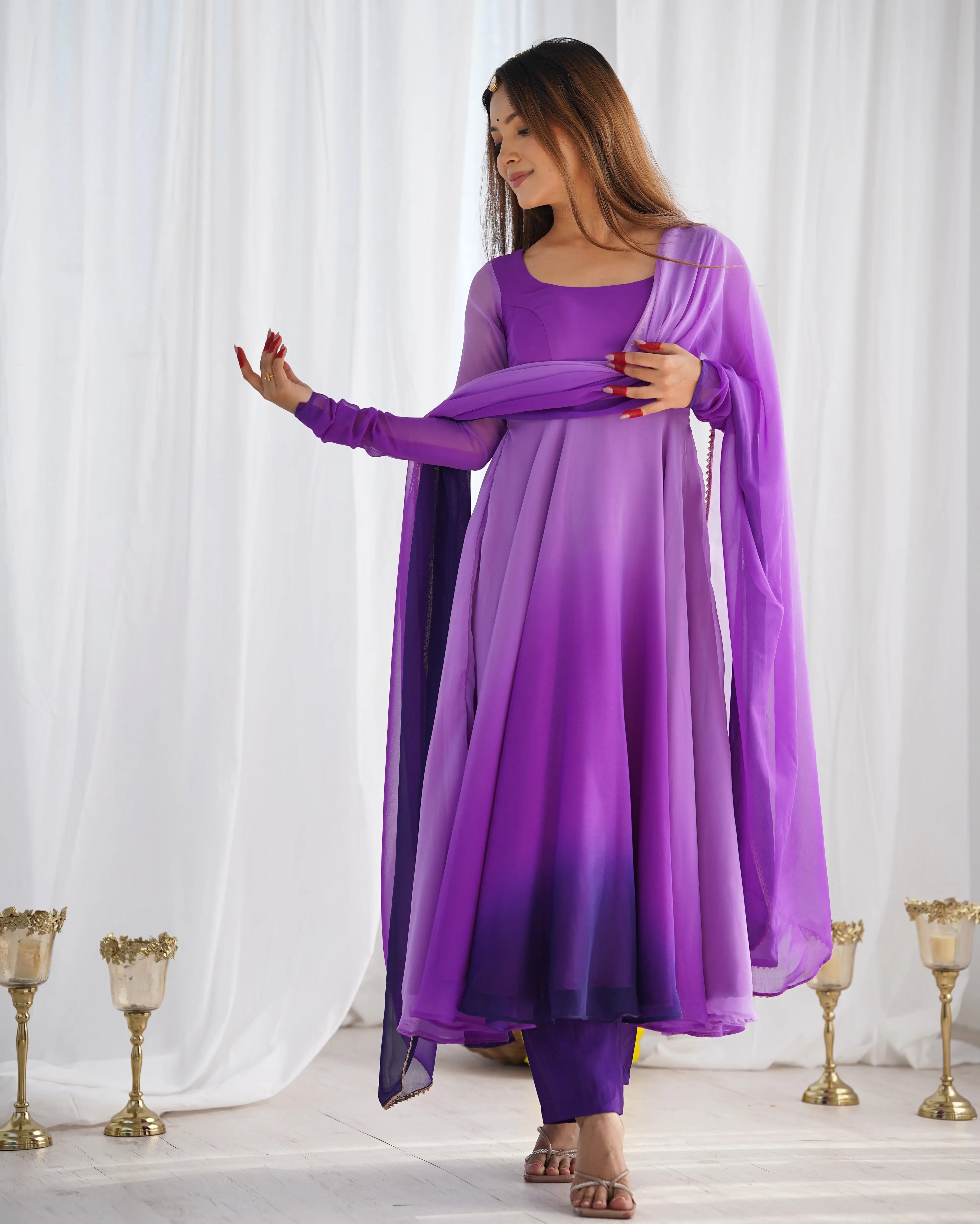 Purple With Colorful Padding Plain Georgette Gown With Dupatta