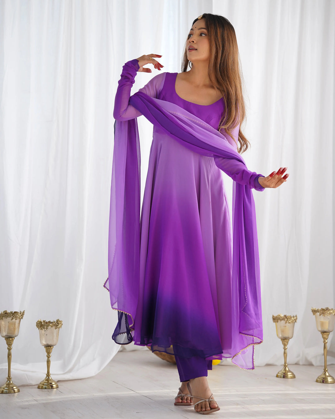 Purple With Colorful Padding Plain Georgette Gown With Dupatta - qivii