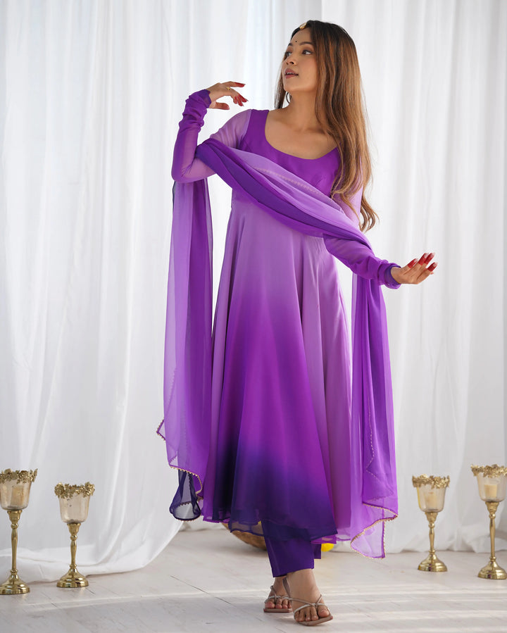 Purple With Colorful Padding Plain Georgette Gown With Dupatta - qivii