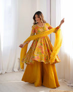 Yellow Floral Chanderi Print Kediya Style Kurta Set With Dupatta