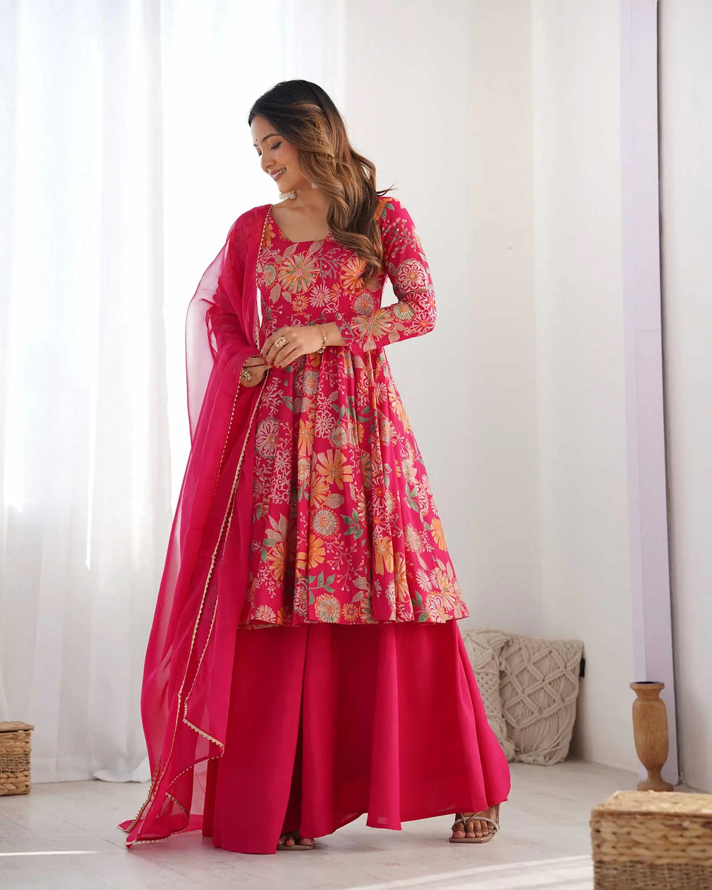Rani Pink Floral Chanderi Print Kediya Style Kurta Set With Dupatta
