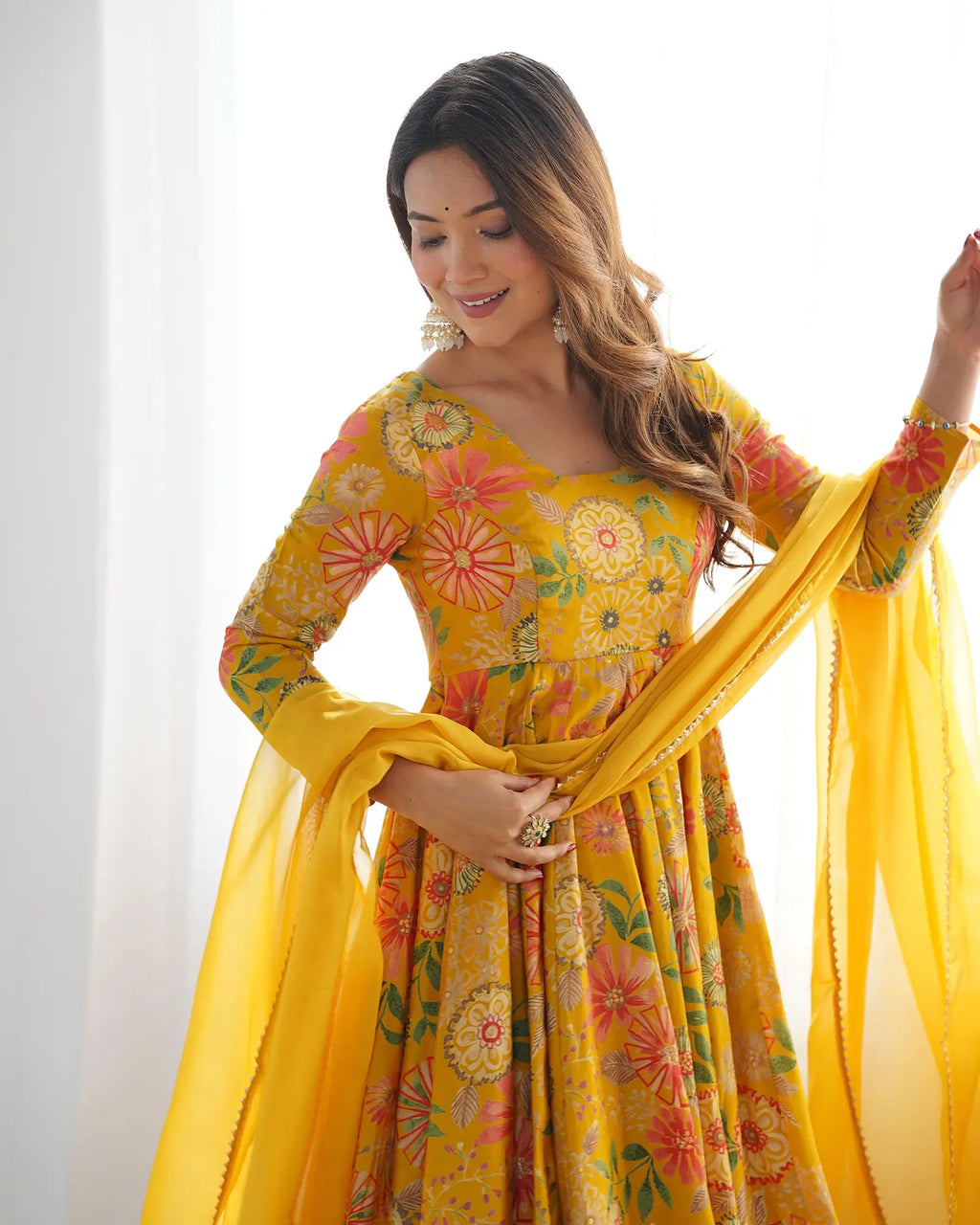 Yellow Floral Chanderi Print Kediya Style Kurta Set With Dupatta