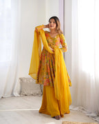 Yellow Floral Chanderi Print Kediya Style Kurta Set With Dupatta
