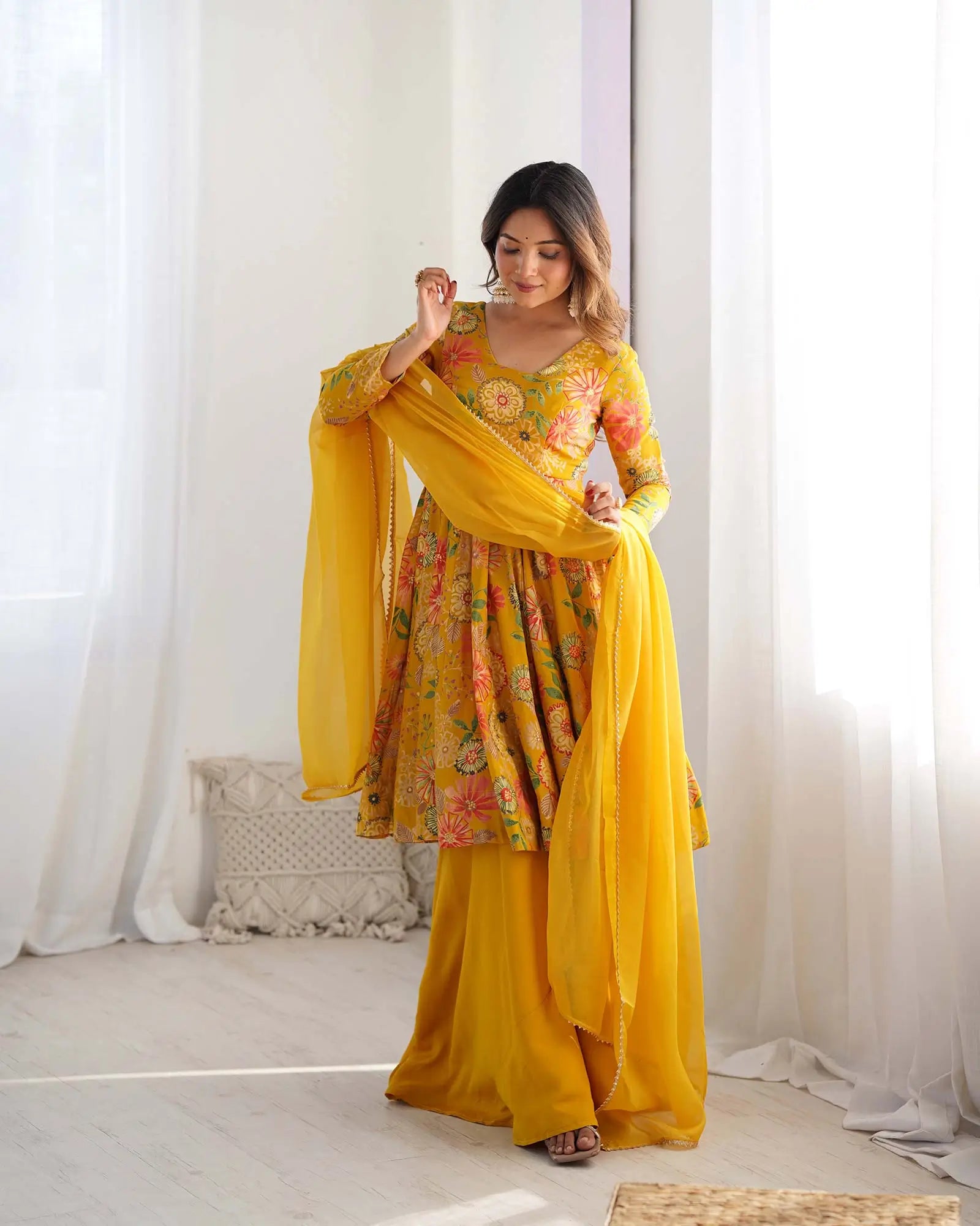 Yellow Floral Chanderi Print Kediya Style Kurta Set With Dupatta