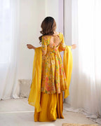 Yellow Floral Chanderi Print Kediya Style Kurta Set With Dupatta