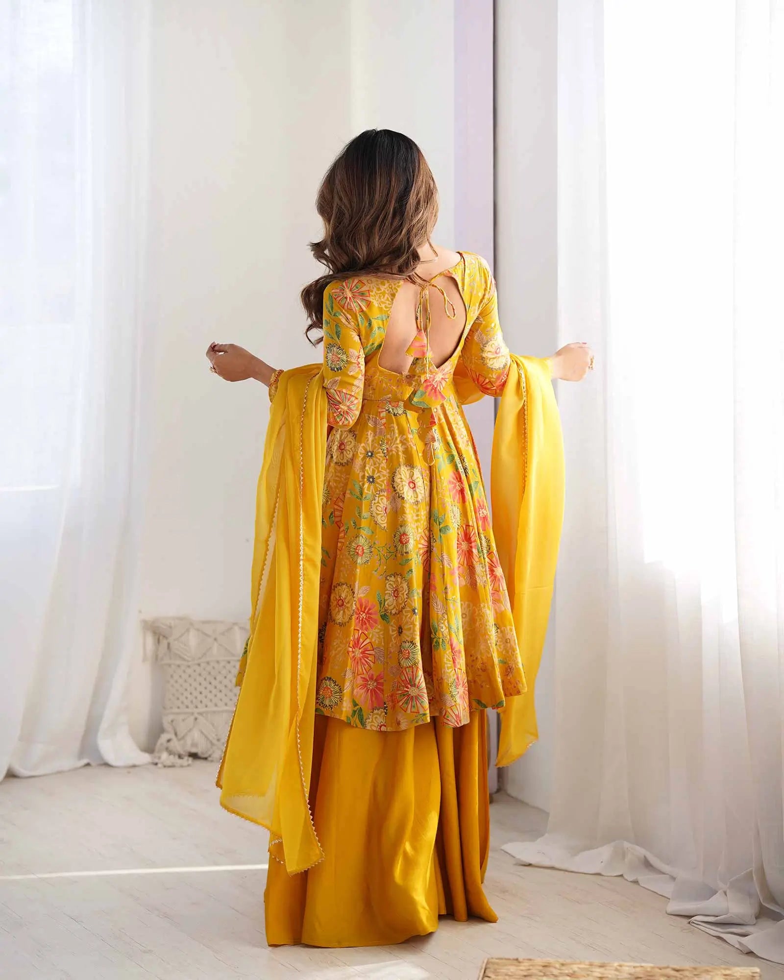 Yellow Floral Chanderi Print Kediya Style Kurta Set With Dupatta