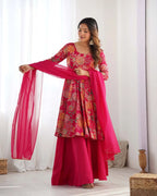 Rani Pink Floral Chanderi Print Kediya Style Kurta Set With Dupatta