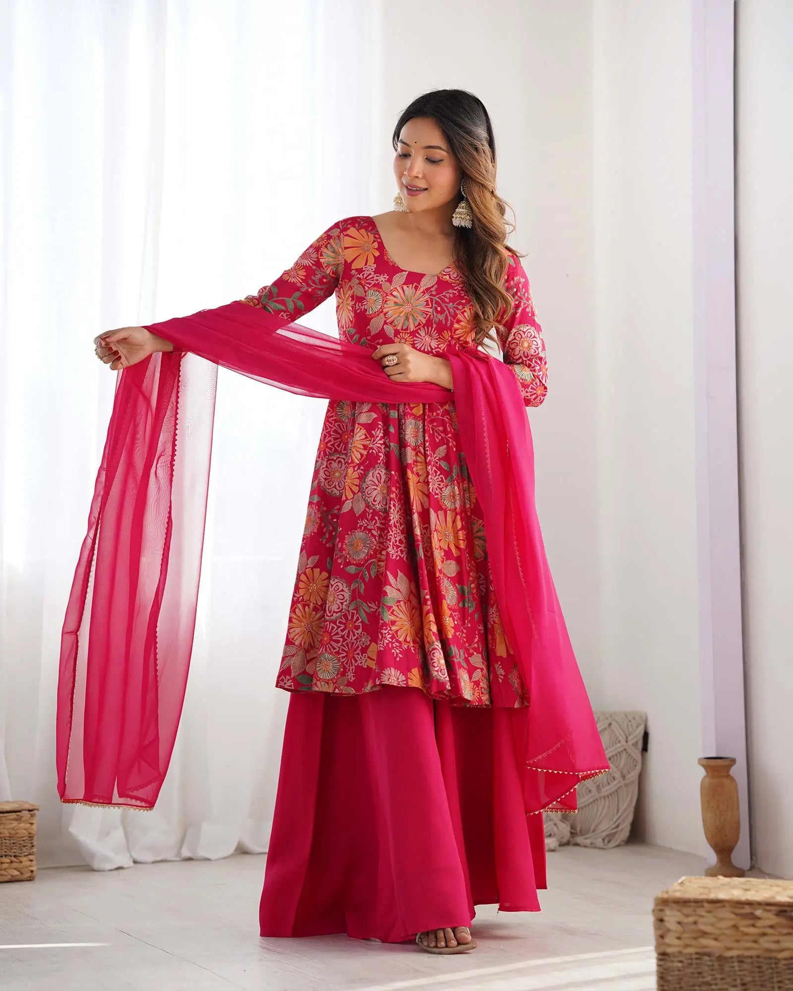 Rani Pink Floral Chanderi Print Kediya Style Kurta Set With Dupatta