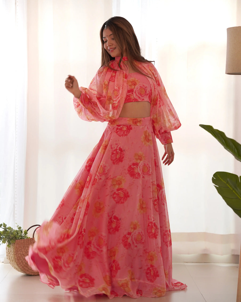 Dirty Pink Floral Print Indo Western With Detachable Sleeves And Lehenga