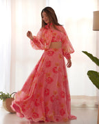 Dirty Pink Floral Print Indo Western With Detachable Sleeves And Lehenga