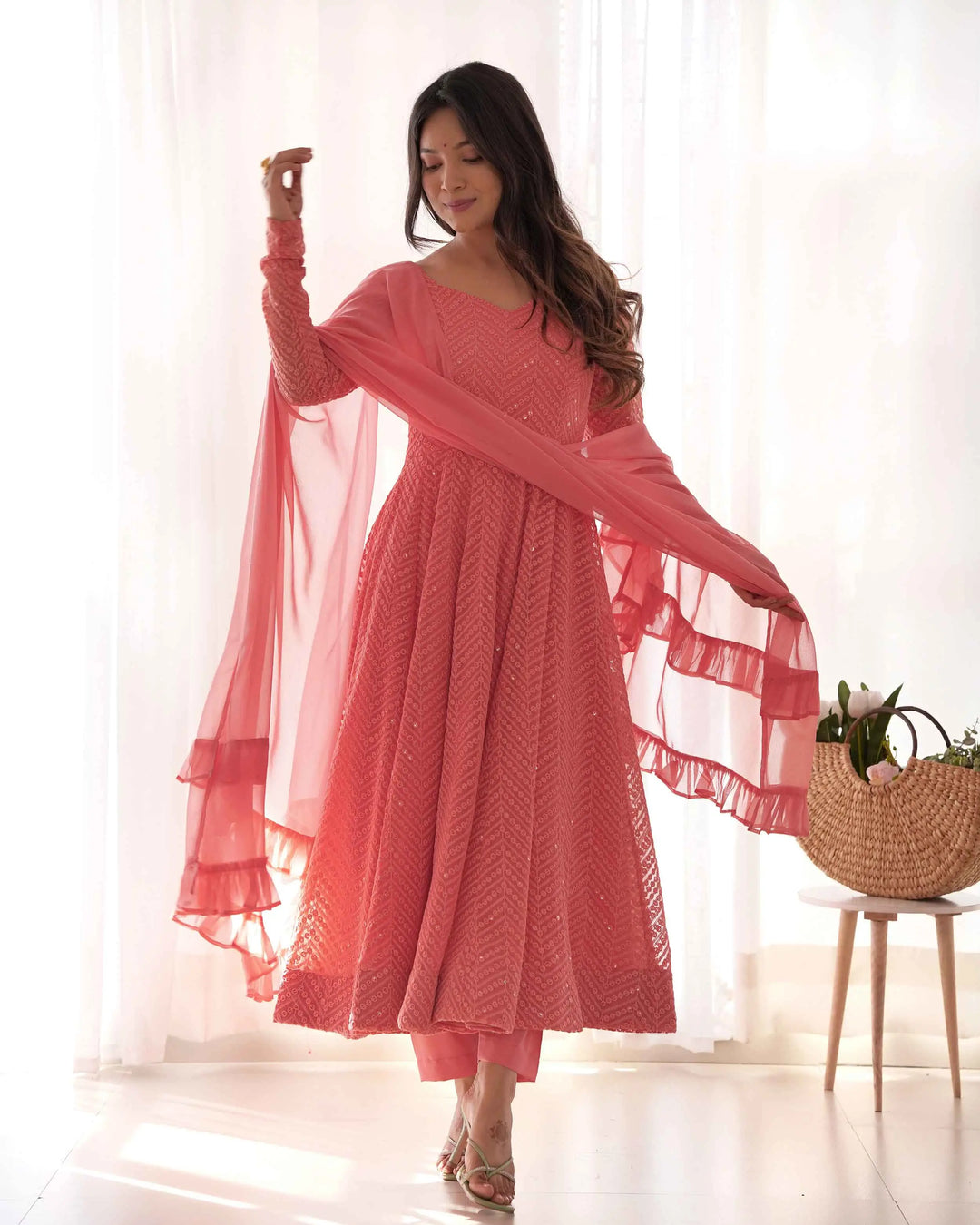 Peach Georgette lucknowi Sequins Work Gown With Ruffle Style Dupatta - qivii