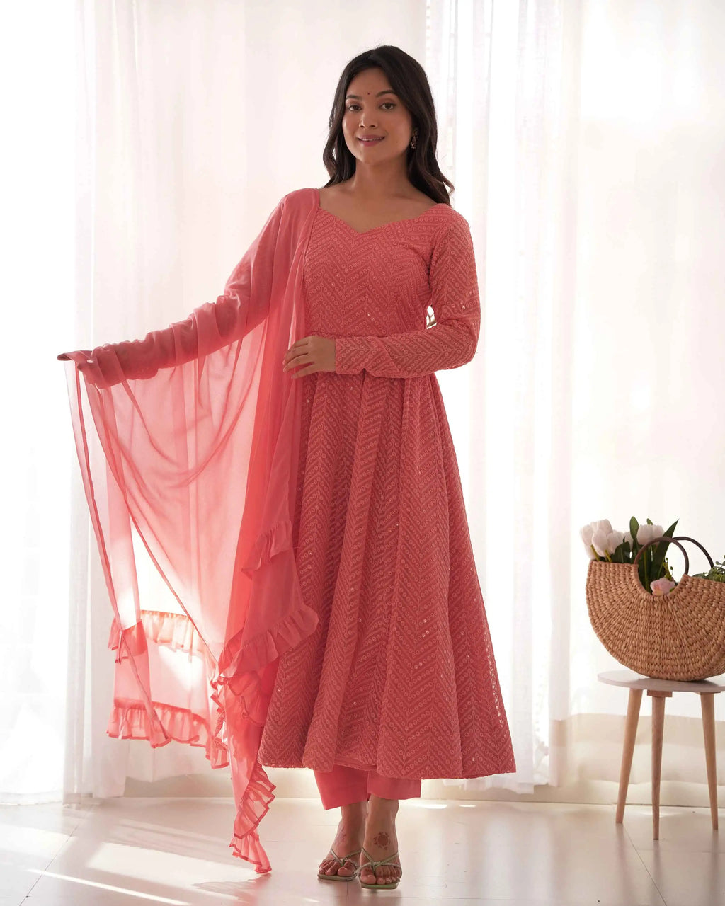 Peach Georgette lucknowi Sequins Work Gown With Ruffle Style Dupatta