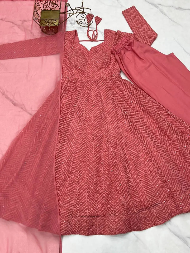 Peach Georgette lucknowi Sequins Work Gown With Ruffle Style Dupatta - qivii