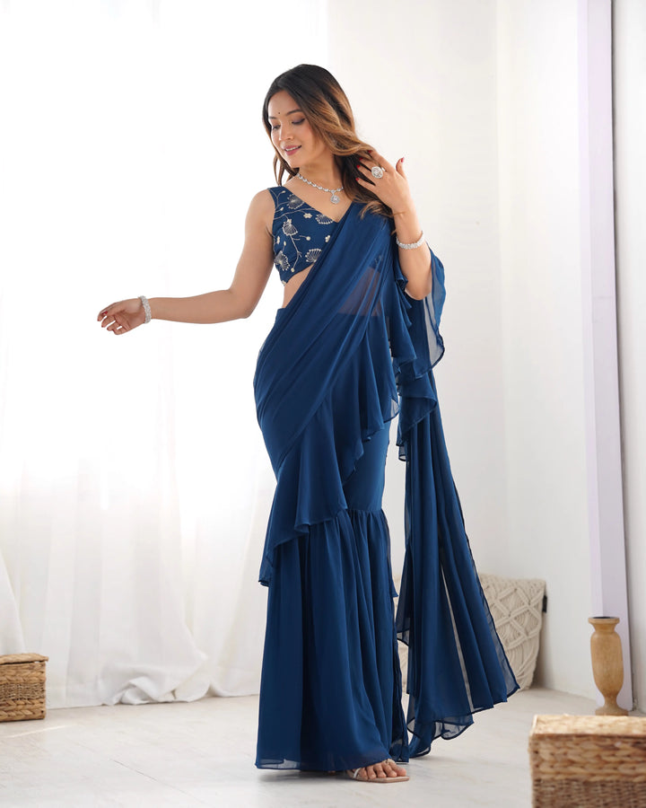Teal Blue Georgette Ready To Wear Sharara Saree - qivii