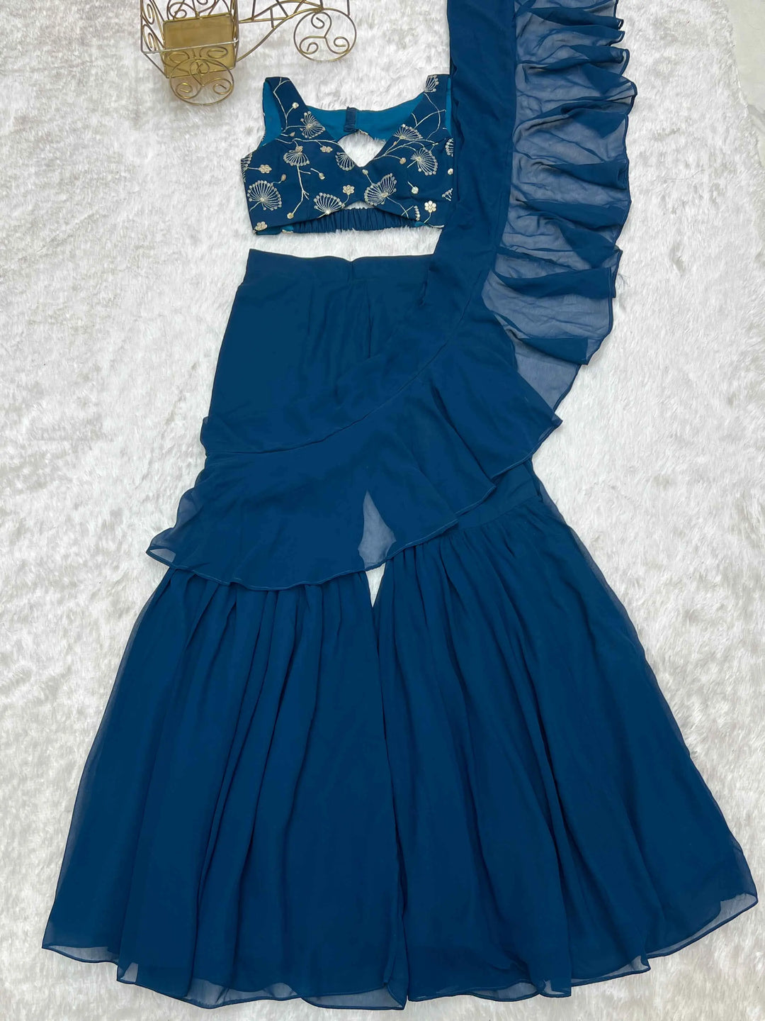 Teal Blue Georgette Ready To Wear Sharara Saree - qivii