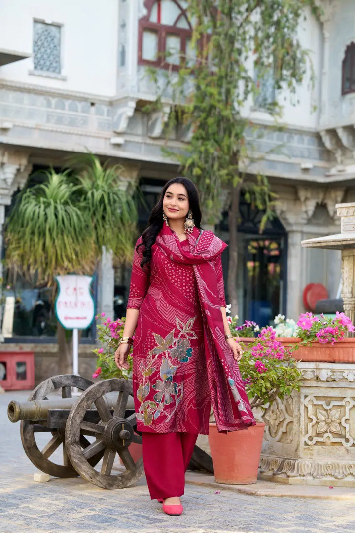 Soft Maroon Floral Print With Beets Handwork Salwar Suit - qivii