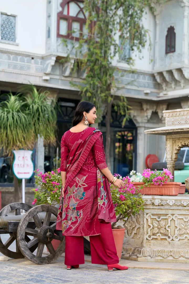 Soft Maroon Floral Print With Beets Handwork Salwar Suit - qivii