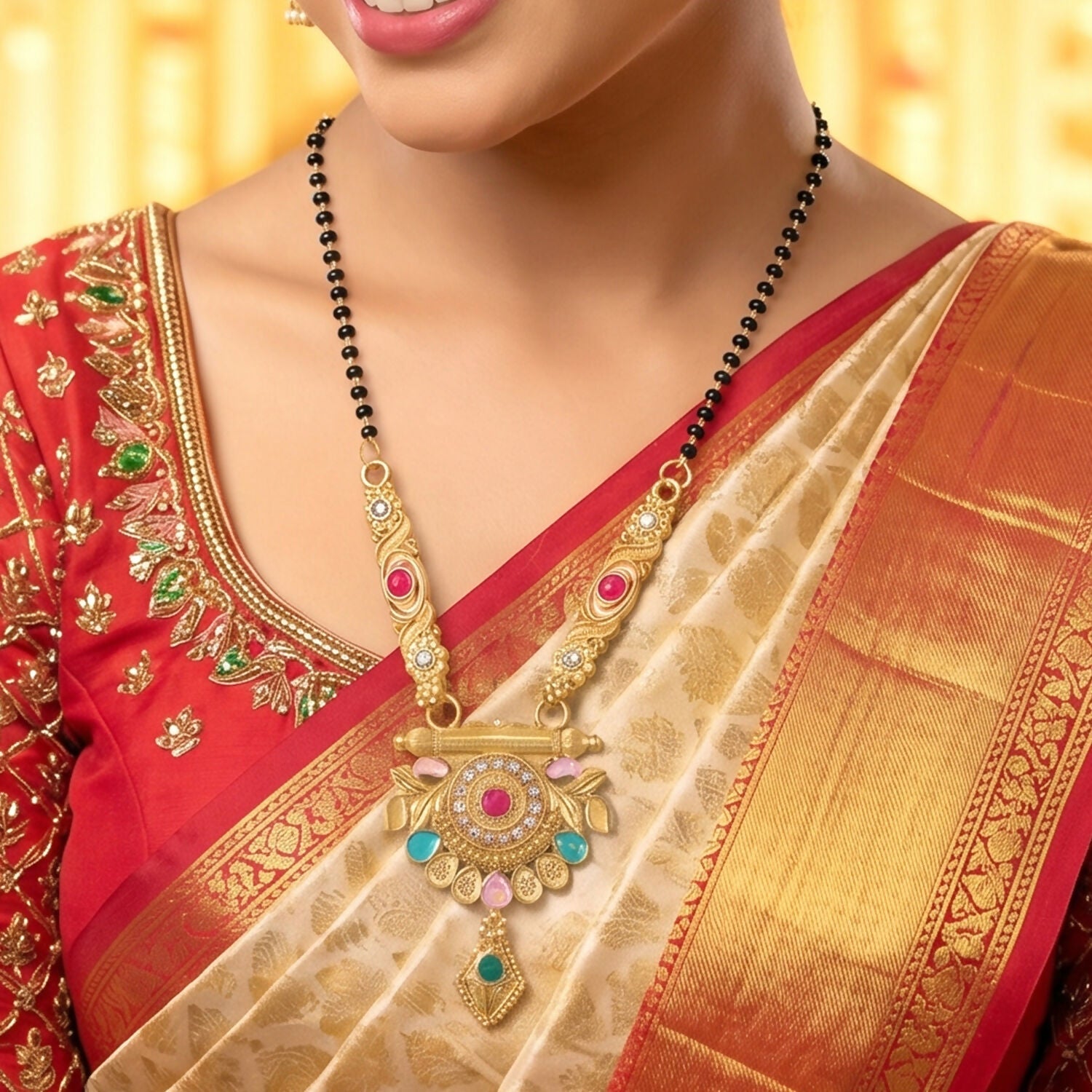 Antique Finish Lotus Medallion with Turquoise Drops & Ruby Stone Single Strand Mangalsutra