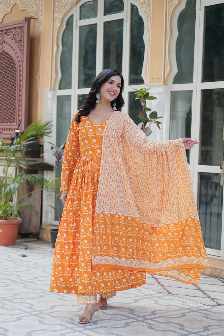 Orange Pure Cotton Fancy V Neck Anarkali Suit - qivii