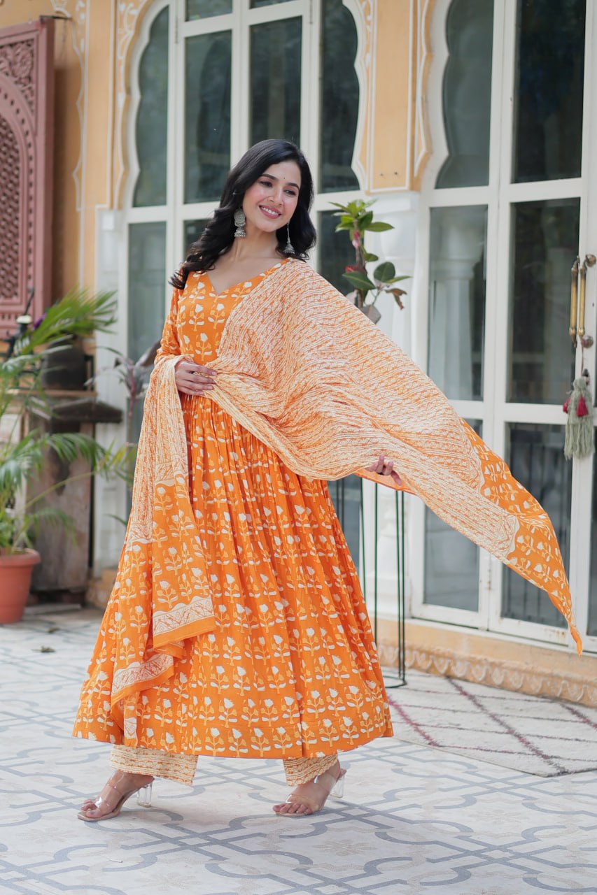 Orange Pure Cotton Fancy V Neck Anarkali Suit - qivii