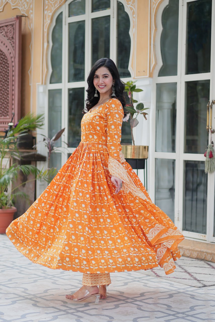 Orange Pure Cotton Fancy V Neck Anarkali Suit - qivii