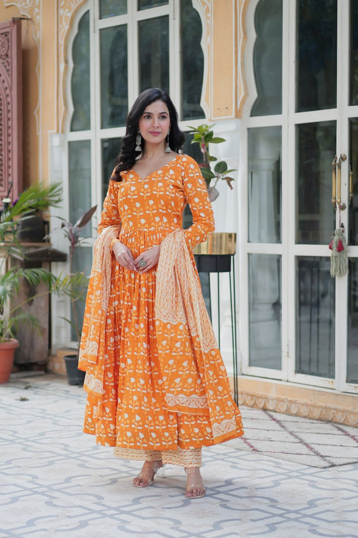 Orange Pure Cotton Fancy V Neck Anarkali Suit - qivii