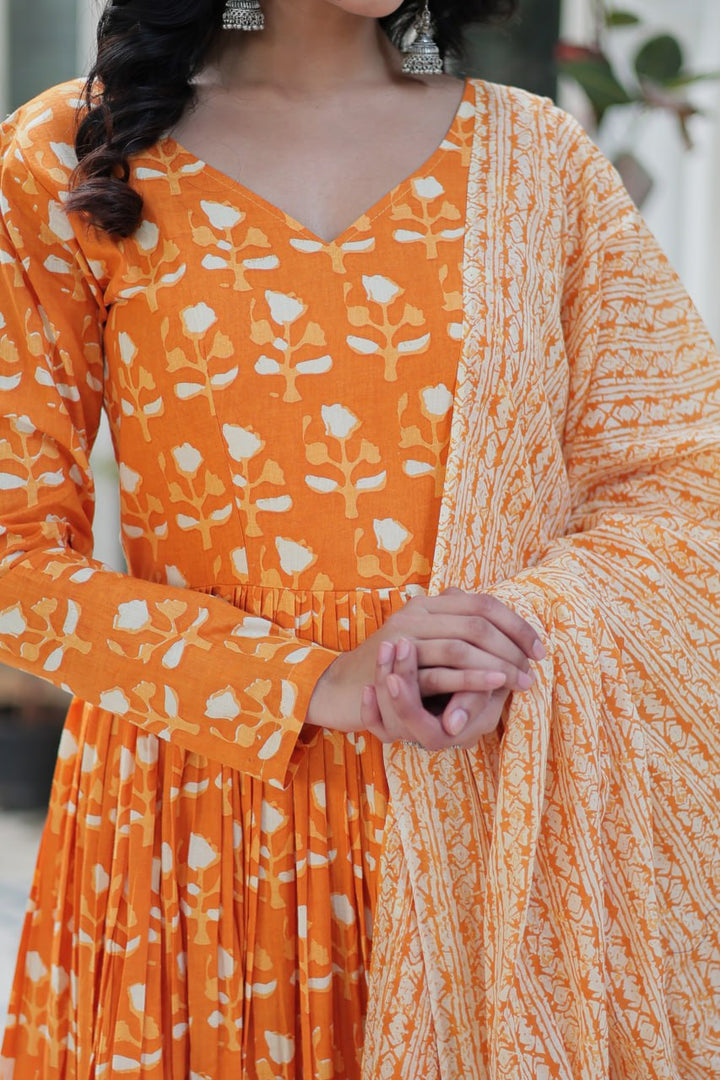 Orange Pure Cotton Fancy V Neck Anarkali Suit - qivii