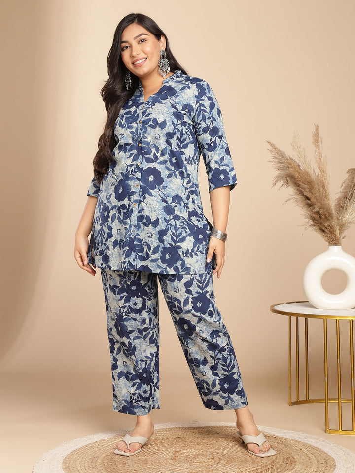 Plus Size Indigo Cotton Floral A-Line Co-ord Set - qivii