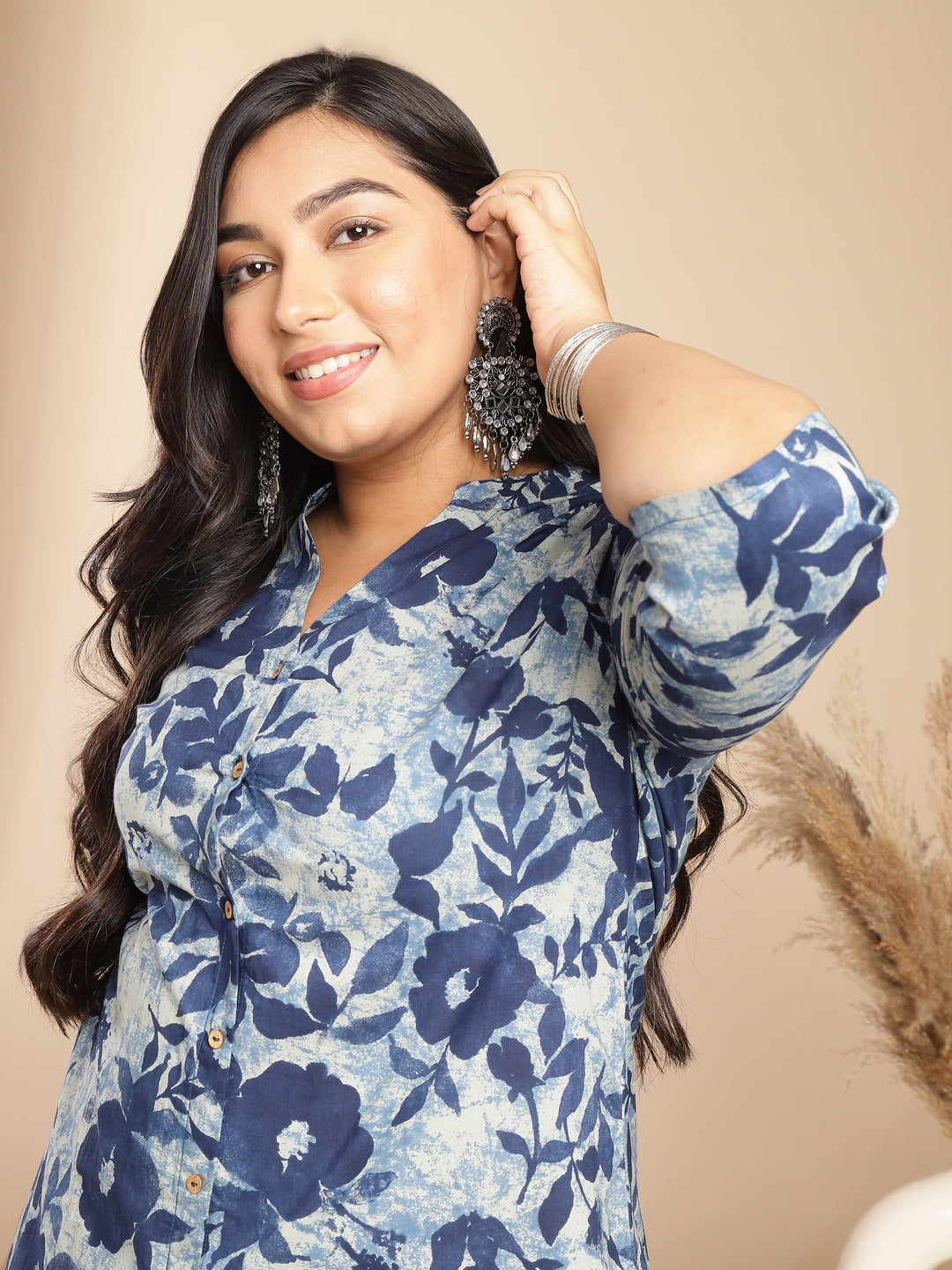Plus Size Indigo Cotton Floral A-Line Co-ord Set