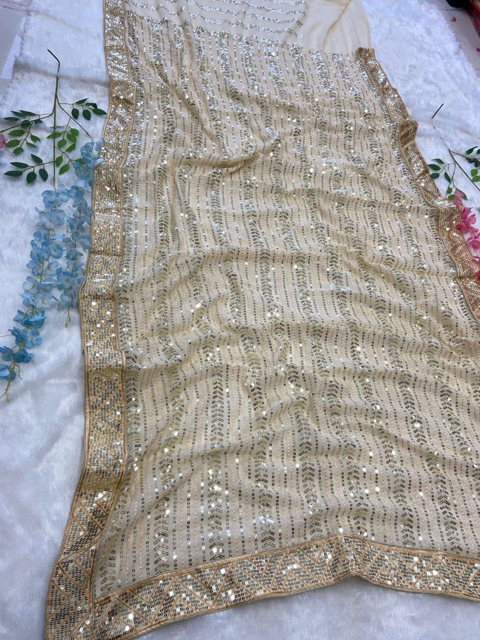 Premium Georgette Embellished With Embroidery Sequins Work With Lace Border - Inspired - qivii