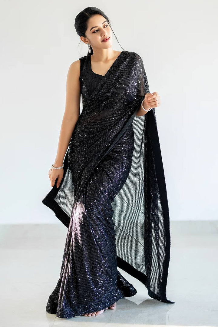 Black Georget saree with sequnece work + piping border - qivii