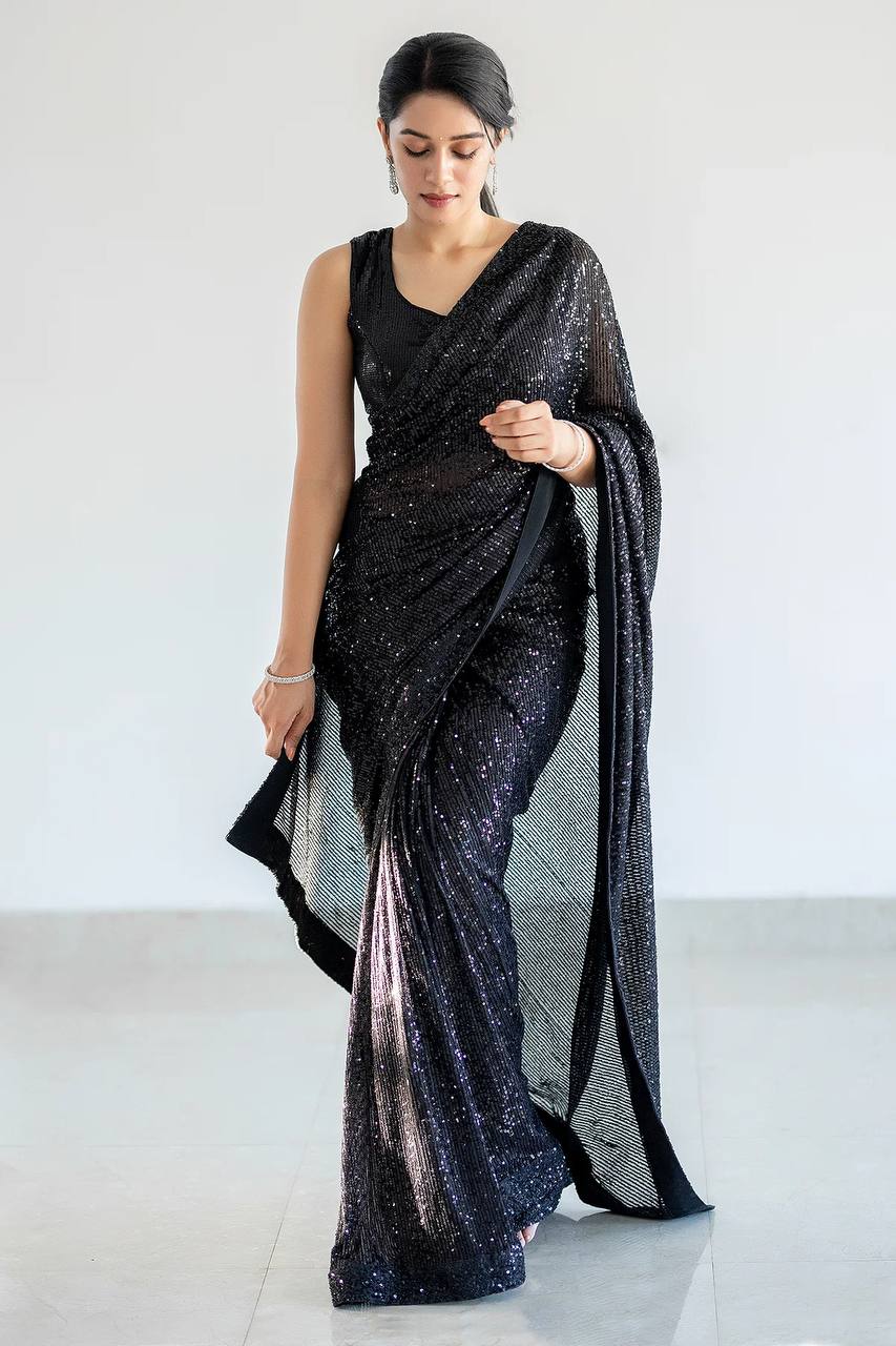 Black Georget saree with sequnece work + piping border - qivii