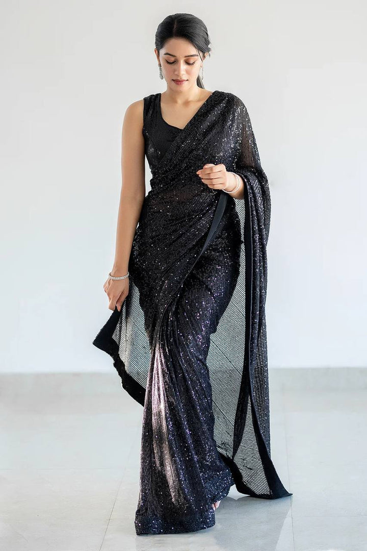 Black Georget saree with sequnece work + piping border - qivii