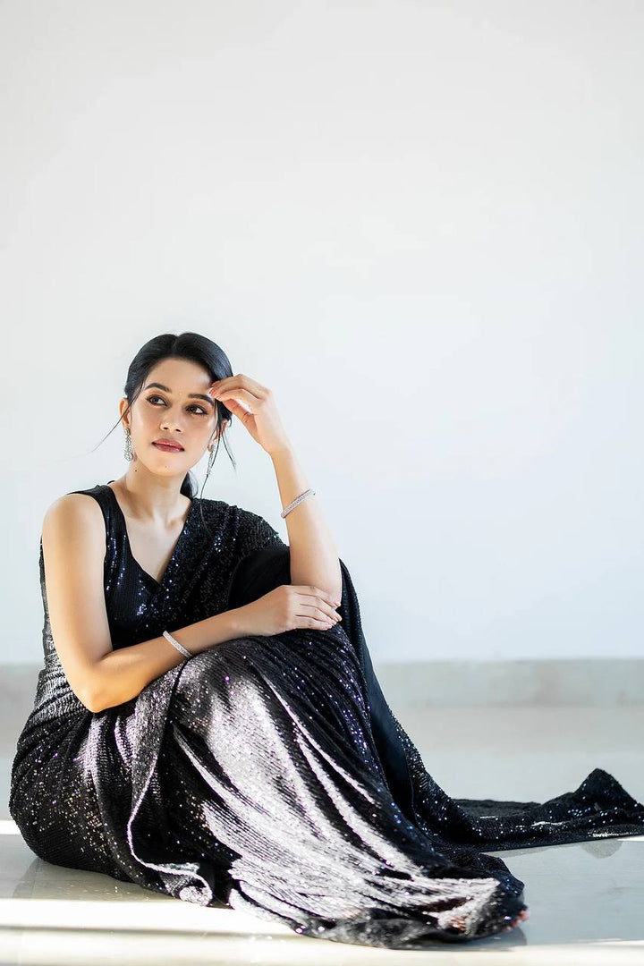 Black Georget saree with sequnece work + piping border - qivii